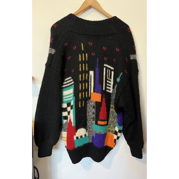 Vintage Tony Lambert Black City Scape Oversized Cardigan Size Large - Picture 1 of 8